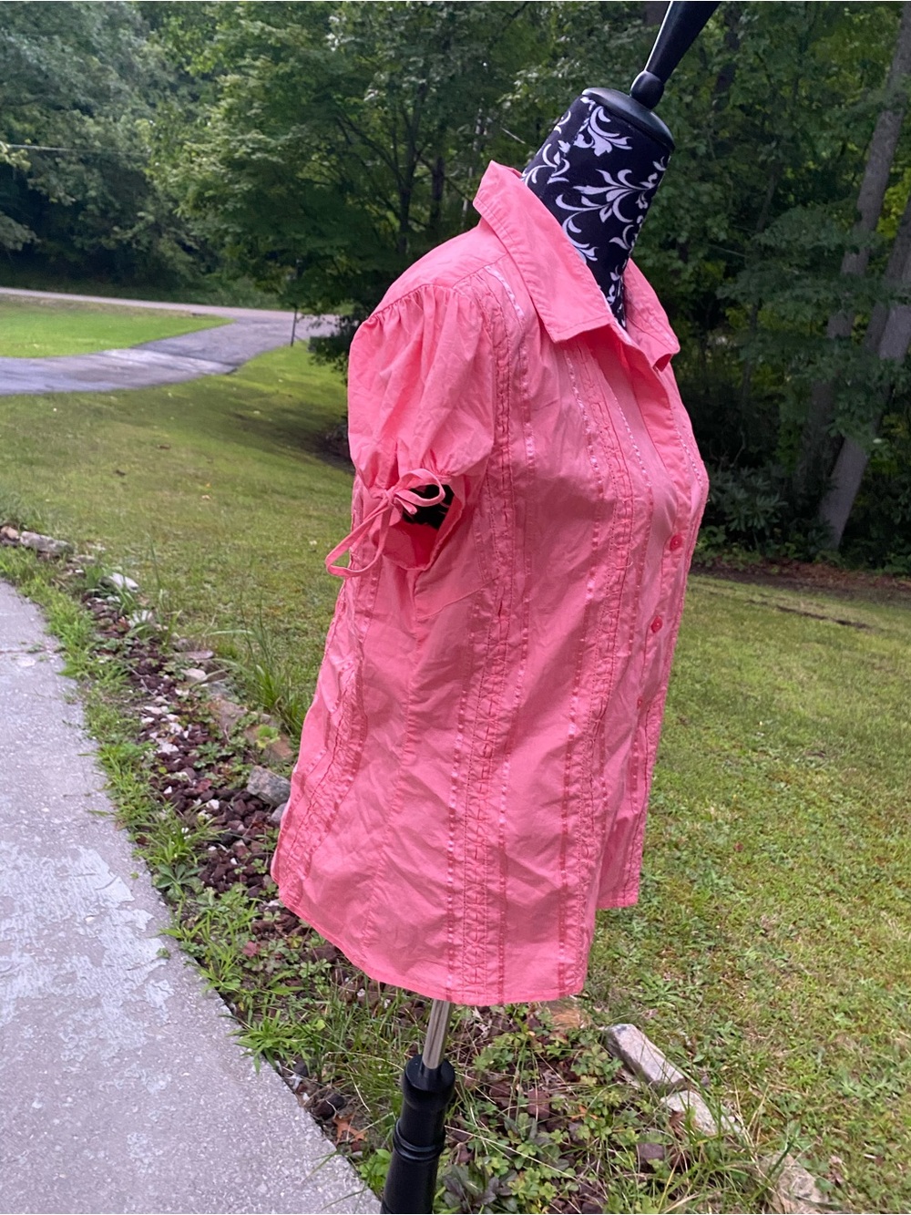 Studio 1940 Coral Pink Ribbon Trim Short-Sleeve Button Up Shirt Size Large - Picture 14 of 16